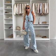 Load image into Gallery viewer, Women Spring Summer Sleeveless Lace up Vest Lace up Wide Leg Jeans Denim Set