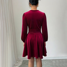 Load image into Gallery viewer, Retro Socialite Christmas Wine Red Velvet V neck Lantern Sleeve Slim Slimming A line Pleated Short Dress