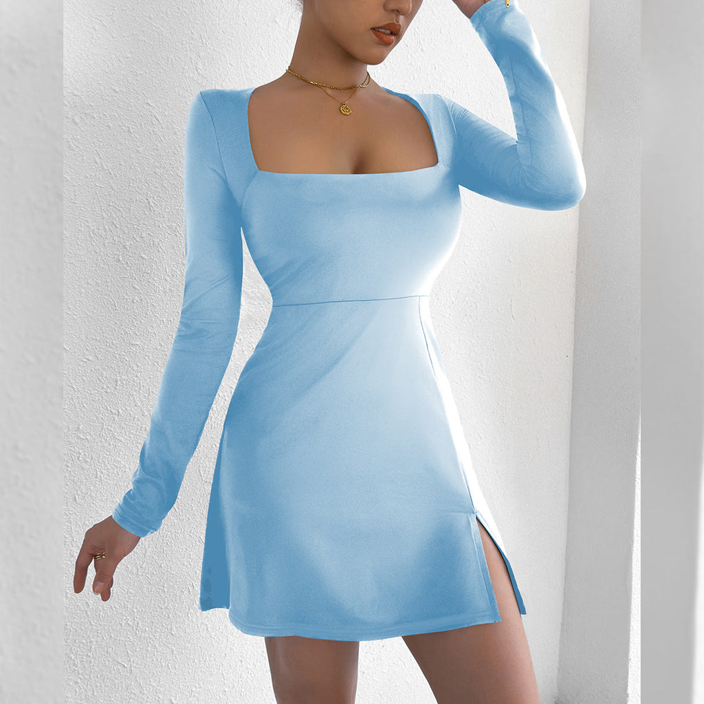Women Clothing Square Collar Tight Long Sleeve Slit Flared Mini Sexy Dress