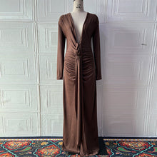 Load image into Gallery viewer, Sexy Slim Fit Deep V Plunge neck Dress Pleated Lace up Long Sleeve Sheath