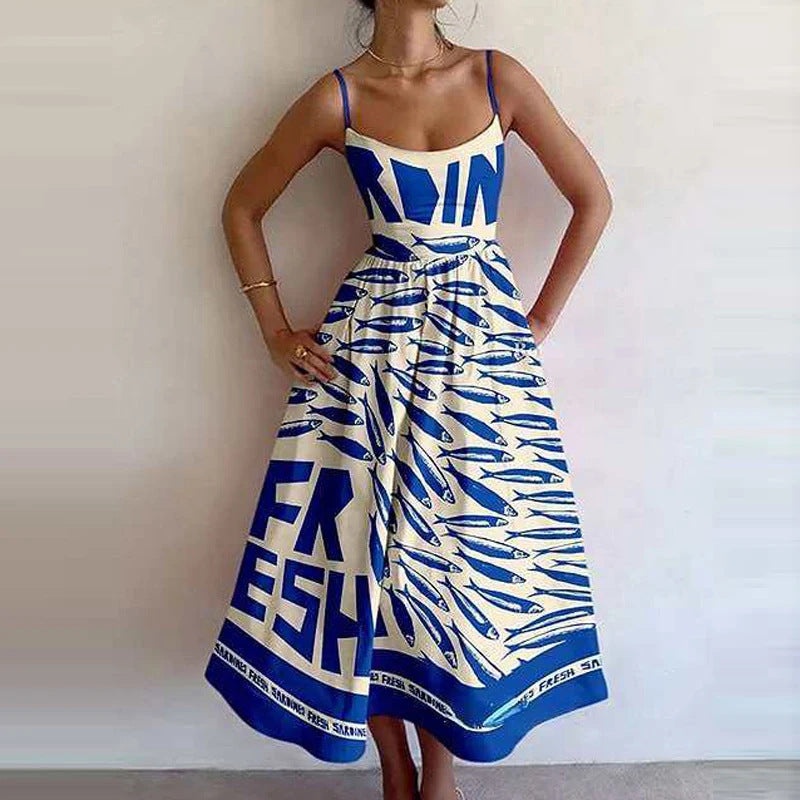 Spring Women Clothing Printing Pleated Waist Tight Large Swing Sling Dress