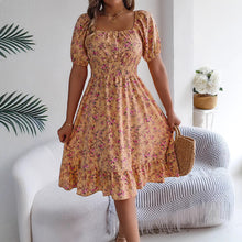 Load image into Gallery viewer, Spring Summer Floral Square Collar Short Sleeve Waist Controlled Ruffled A line Women Clothing