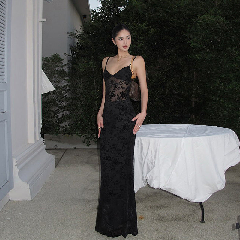 Spring Summer Women Mesh Sexy See through V neck Backless Slim Fit Sling Dress