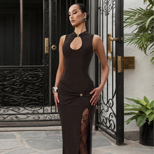 Load image into Gallery viewer, Women Clothing Spring Metal Buckle Half Turtleneck Sleeveless Sheath Slit Pleated Dress