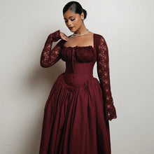 Load image into Gallery viewer, Women Clothing Spring Square Collar Lace Long Sleeve Waist Solid Color Mid Length Dress