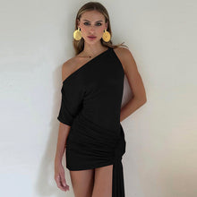 Load image into Gallery viewer, Women Clothing Spring Solid Color Sexy Oblique Shoulder Single Sleeve Asymmetric Ribbon Skinny Hip Dress