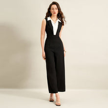 Load image into Gallery viewer, Summer Faux Two Piece Black White Color Stitching Turnover Neck Sleeveless Jumpsuit for Women（Without belt）