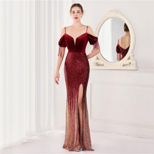 Load image into Gallery viewer, Velvet Spaghetti Straps Cocktail Evening Dress Dress Elegant Company Annual Meeting Women Sexy Long Short Sleeve