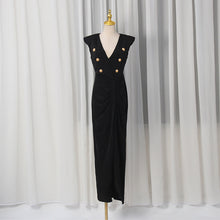 Load image into Gallery viewer, Spring V neck Sleeveless Design Split Dress Tight Waist Slimming Metal Decorative Dress Women
