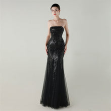Load image into Gallery viewer, Tube Top Cross Strap Beaded Tube Floral Sequin Mesh Evening Dress Cocktail Wedding Social Elegant Clothing