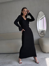 Load image into Gallery viewer, Long Sleeve V neck Tight Knitted Dress Solid Color Rib Fabric Wool Long Autumn Winter Dress