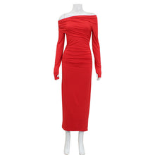 Load image into Gallery viewer, Spring Dress Women Off Shoulder Long Sleeve Waist Controlled Hip Dress Elegant Retro Red