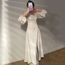 Load image into Gallery viewer, French Retro Lantern Sleeve V Neck Sexy Beaded Waist Slimming Glossy Satin Dress Women