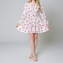 Load image into Gallery viewer, Spring Women Clothing Sweet Elegance Printed V neck Lace Waist Trimming Short Dress