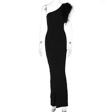 Load image into Gallery viewer, Dress Elegant Noble Solid Color Shoulder Stitching Feather Slim Slimming Long Evening Dress for Women