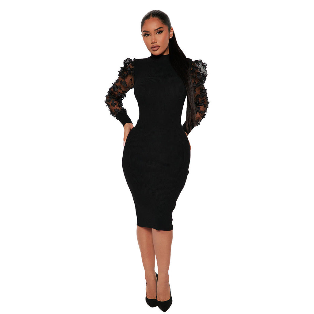 Women Clothing Three Dimensional Petals Mesh Sleeves Rib Fabric One Piece Collar Dress