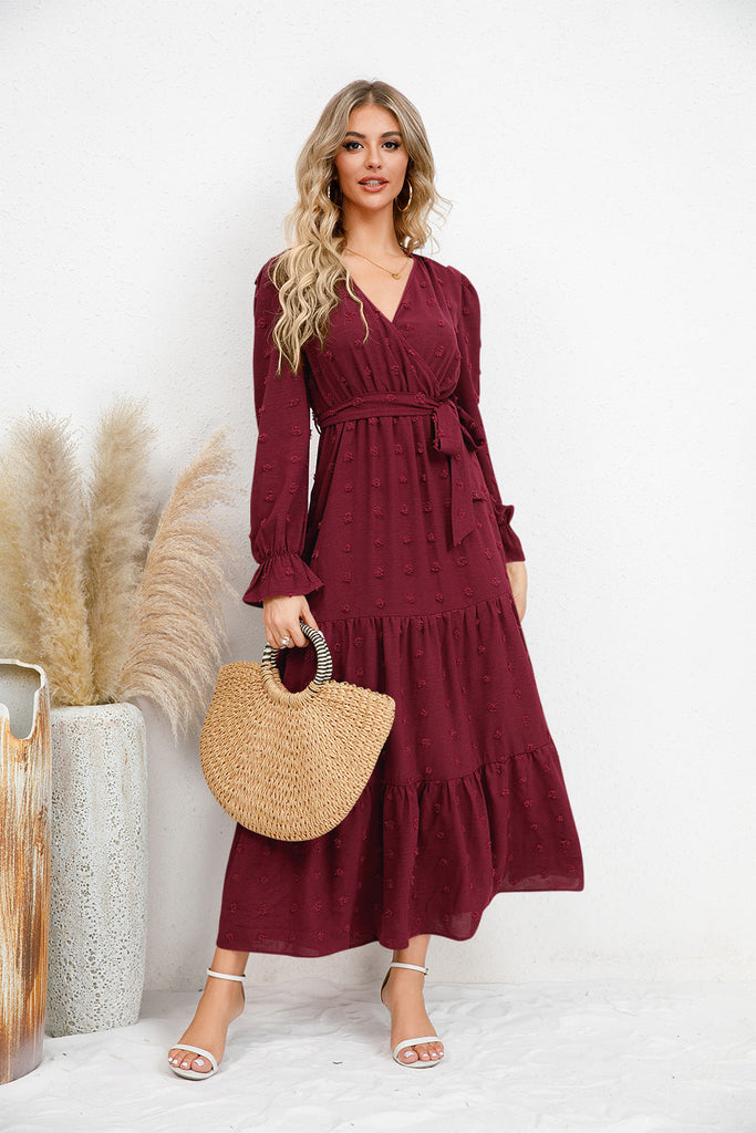 Autumn Winter Solid Color Wide Hem Casual Dress Women Clothing Maxi Dress