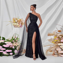 Load image into Gallery viewer, Shoulder Sequined Evening Dress Mesh Ribbon High Slit Design the Dinner Party Stage Maxi Dress