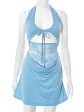 Load image into Gallery viewer, Women Clothing Solid Color Sleeveless Backless Halter Cutout Lace Stitching Short Dress