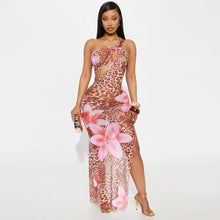 Load image into Gallery viewer, Women Clothing Diagonal Collar Hollow Out Cutout out See through Mesh Floral Print Dress
