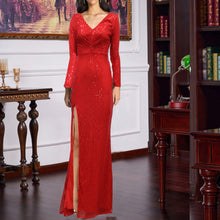 Load image into Gallery viewer, Spring Split Long Sleeve V neck Slim Fit Long Formal Dress Wedding Cocktail Party Multi Color Sequined Evening