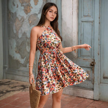 Load image into Gallery viewer, Women Clothing Halter Cross Shoulder Strap Dress Vacation Bohemian Floral Print Pleated Chest Wrapped Dress