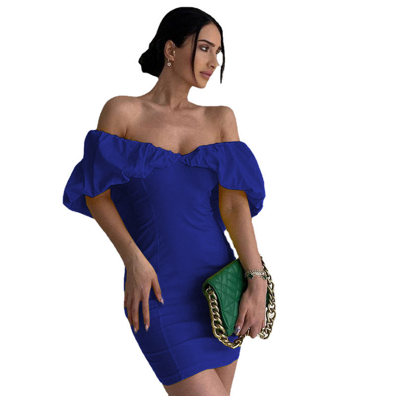 Spring Casual Vacation Tight Waist Slimming Sense Design Pleated Off Shoulder Hip Bag Dress