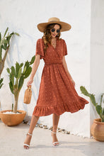 Load image into Gallery viewer, V neck High Waist Tied Dress Fur Ball Short Sleeve Dress Casual Vacation Travel Dress