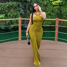 Load image into Gallery viewer, Autumn Winter Women Clothing Cross Halter Solid Color Pleated Waist Tight Slimming Fishtail Dress