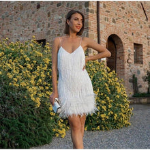 Load image into Gallery viewer, Tassel Sequ Multi Color Birthday Party Sexy V neck Strap Feather Stitching Gown Dress