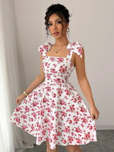 Load image into Gallery viewer, Women Clothing Floral Print High Waist Lace up Sweet A line Large Hem Dress