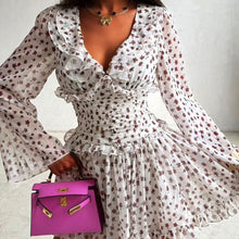 Load image into Gallery viewer, Women Digital Printing Elegant Dress V neck Long Sleeve Ruffled High Waist Lace up A line Dress