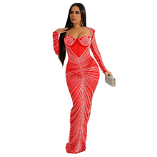 Load image into Gallery viewer, Women Wear Rhinestone Mesh See through Long Sleeve Dress