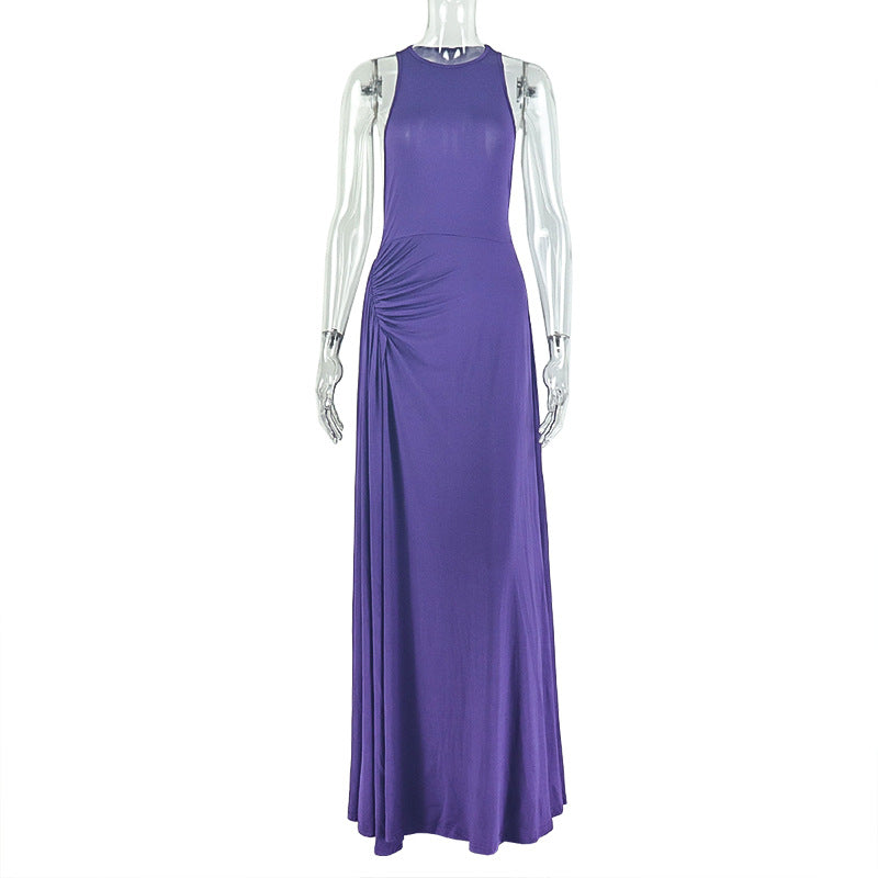 Women Clothing Fitted Waist Pleated Design Hip Dress Round Neck Sleeveless Dress