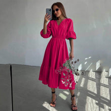 Load image into Gallery viewer, V neck Dress Office High Waist French Half Sleeve A line Dress Women Casual Dress Summer