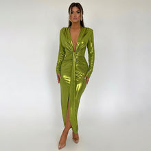 Load image into Gallery viewer, Metallic Coated Fabric Dress Sexy Glossy V neck Long Sleeve Stitching Ruffle Hip Leather Dress