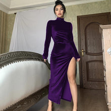 Load image into Gallery viewer, Women Clothing Autumn Winter Turtleneck Maxi Dress Slim Pleated Split Dress