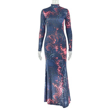 Load image into Gallery viewer, Charm Women Printed Wear Color Matching Hip Dress Sexy Stand up Collar Long Sleeve Waist Tight Dress