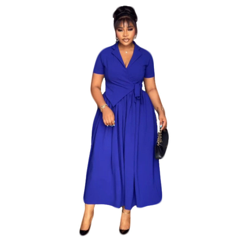 Elegant Office Collared Waist Tight Lace up Loose Dress