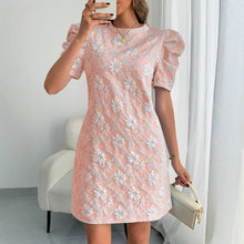 Load image into Gallery viewer, Summer Women Bubble Sleeve Texture Jacquard round Neck Retro Dress