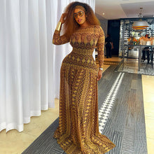 Load image into Gallery viewer, Elegant Retro Women Waist Slimming Micro Transparent A line Printing round Neck Long Sleeved Dress