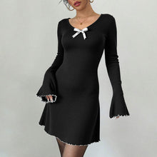 Load image into Gallery viewer, Elegant Hepburn Knitted Black White Contrast Color Bell Sleeve Slim Fit A line Long Sleeve Dress