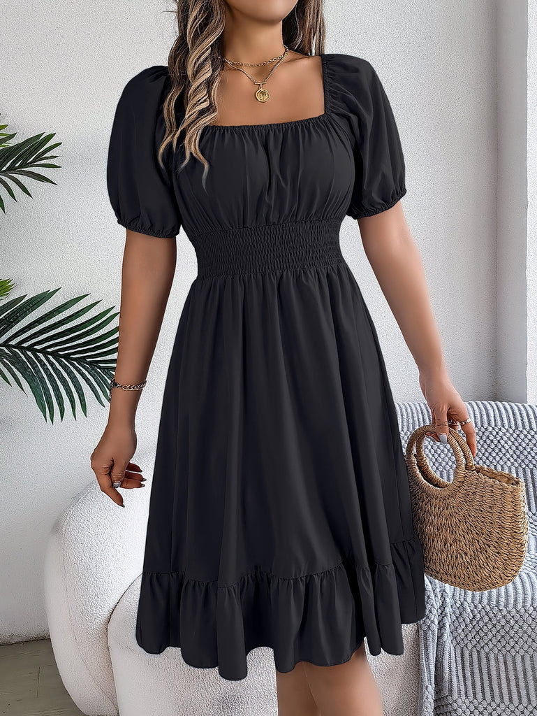 Spring Summer Casual Square Collar Short Sleeve Waist Trimming Ruffles A line Dress Women Clothing