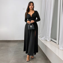 Load image into Gallery viewer, Retro Deep V Plunge neck Long Sleeve Split Black Large Swing Dress Women Slim Waist Elegant Formal Dress