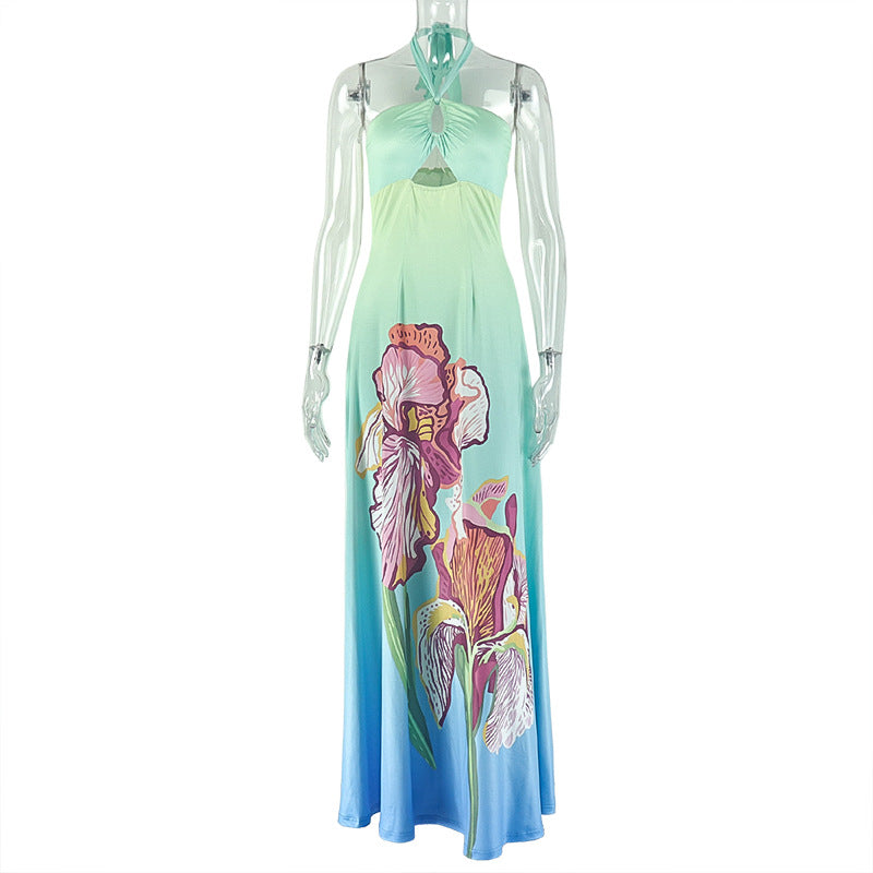 Fresh Gradient Women Printed Pattern Waist A line Dress Halter Cut out Maxi Dress
