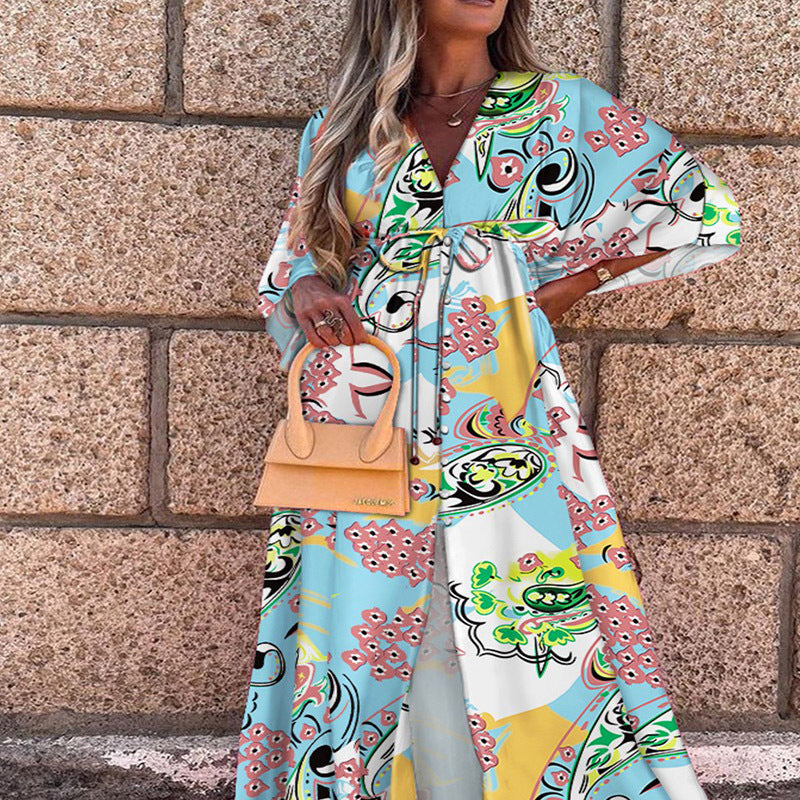 Women Clothing Spring Summer Casual Vacation V neck Printed Dress