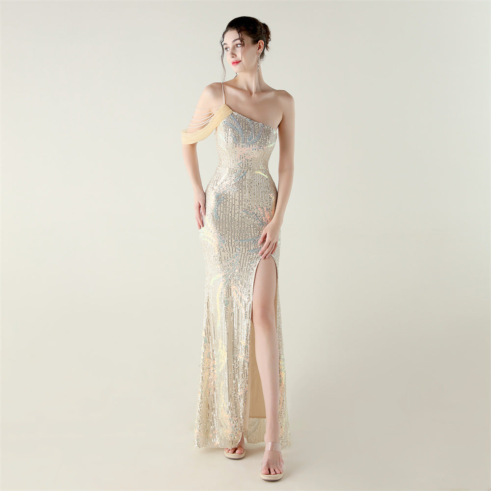Sequin Mesh Craft Beaded Evening Dress off the Shoulder High Slit Fishtail Dress Swing Cocktail Social Socialite