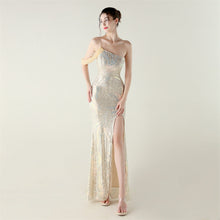 Load image into Gallery viewer, Sequin Mesh Craft Beaded Evening Dress off the Shoulder High Slit Fishtail Dress Swing Cocktail Social Socialite