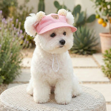Load image into Gallery viewer, Pink Teddy Bear Pom-Pom Dog Visor Hat with Adjustable Chin Strap