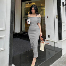 Load image into Gallery viewer, Spring Off Shoulder Pleated Dress Slim Fit Slimming Slit Bottoming Formal Dress